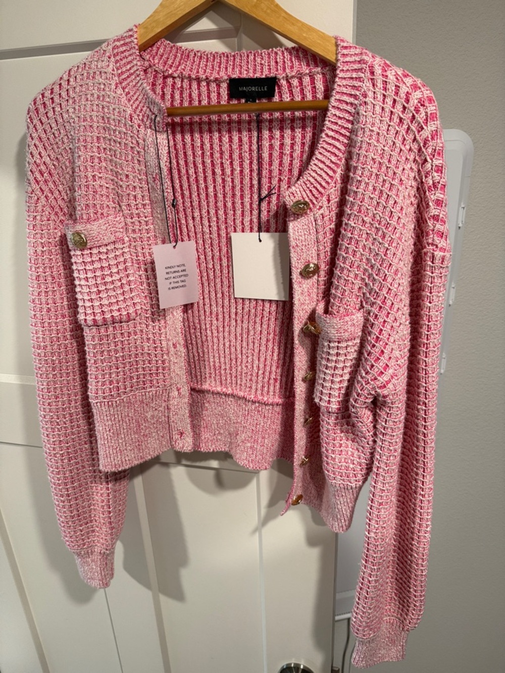 MAJORELLE Pink Waffle-Knit Button Cardigan